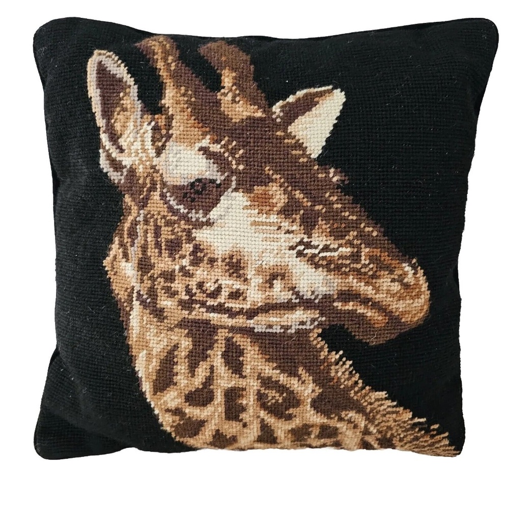 Vintage Giraffe Safari Needlepoint Accent Throw Pillow Charming 13.5 x 13.5"